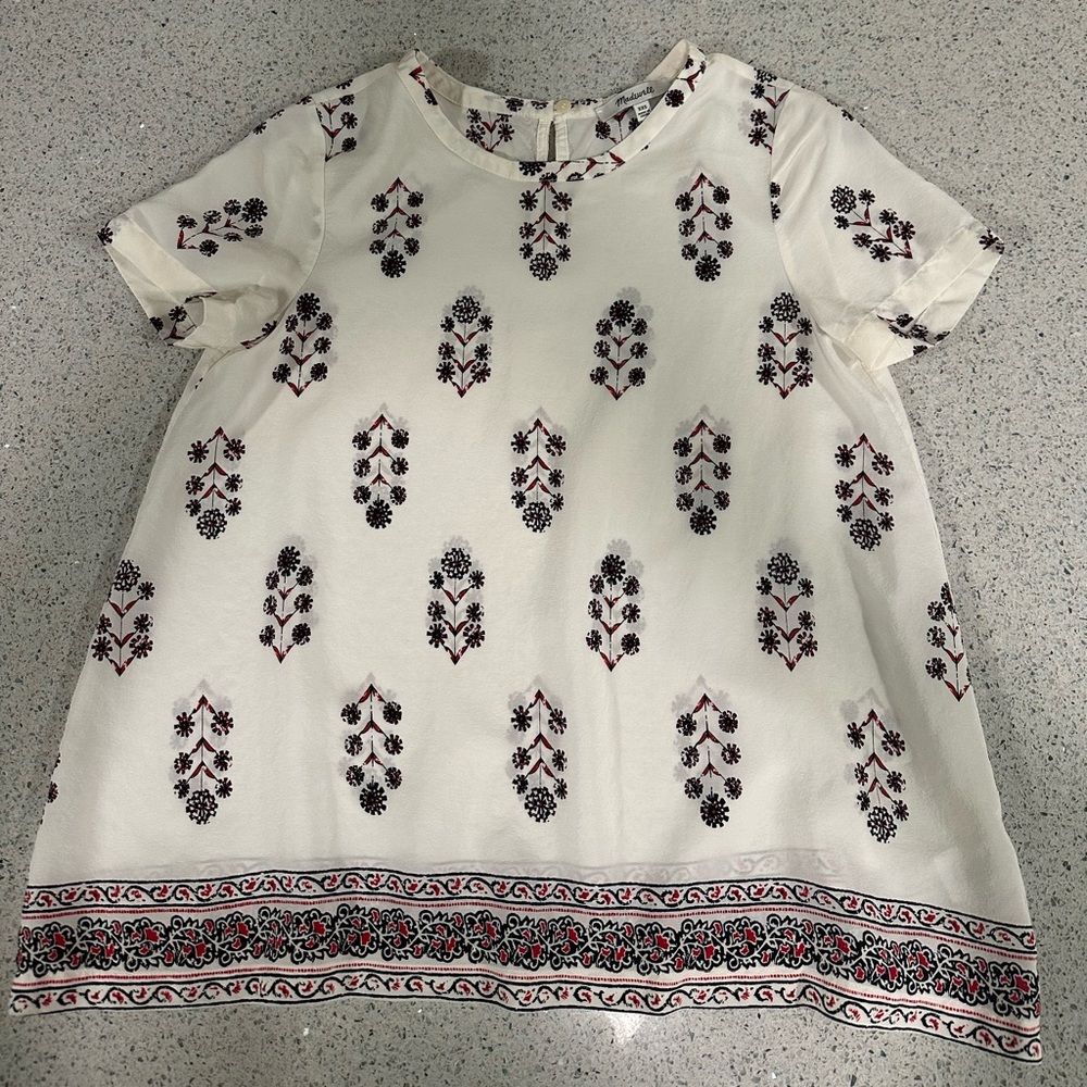 Madewell Silk Cream Top with Red Floral Design XXS